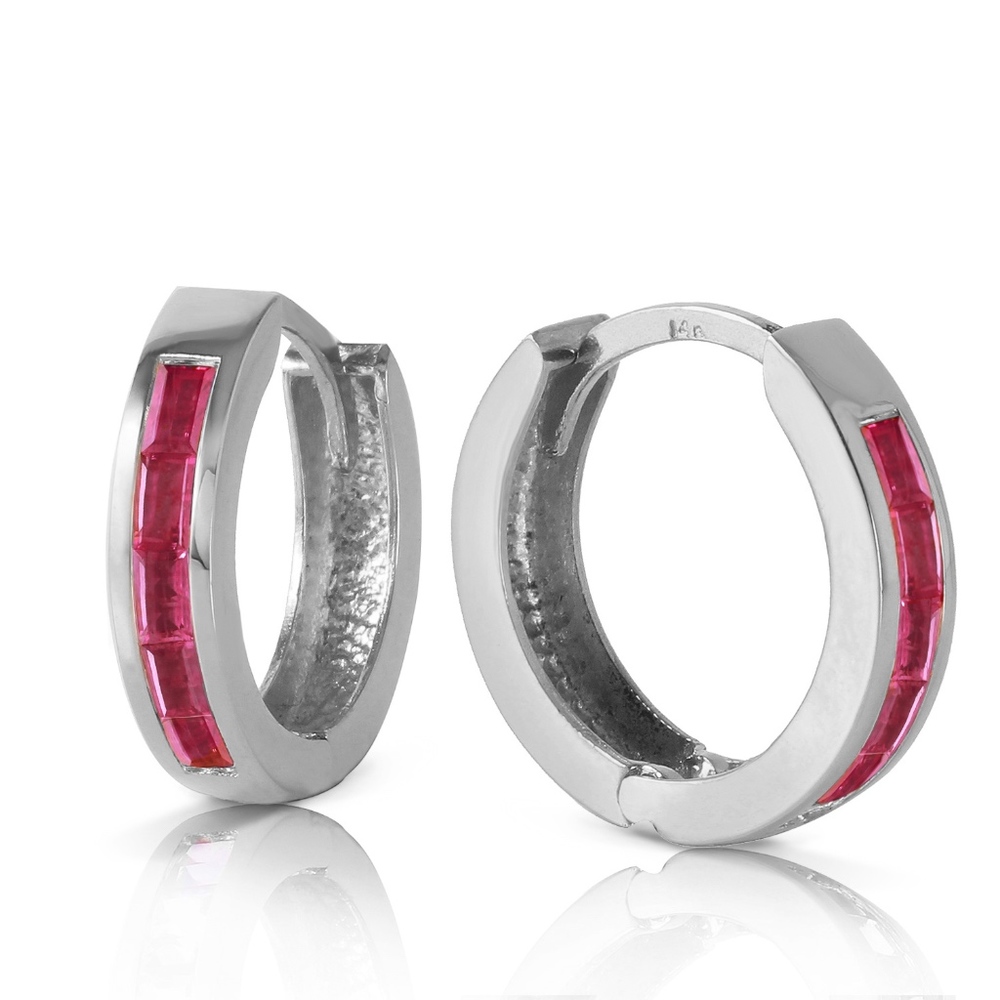 14K. SOLID GOLD HOOP HUGGIE EARRING WITH RUBIES - Picture 2 of 4